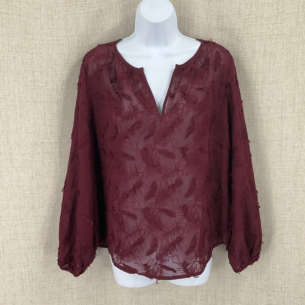 Chico's Blouse Women 1 M Burgundy Sheer Eyelash Textured Boho Romantic Ethereal